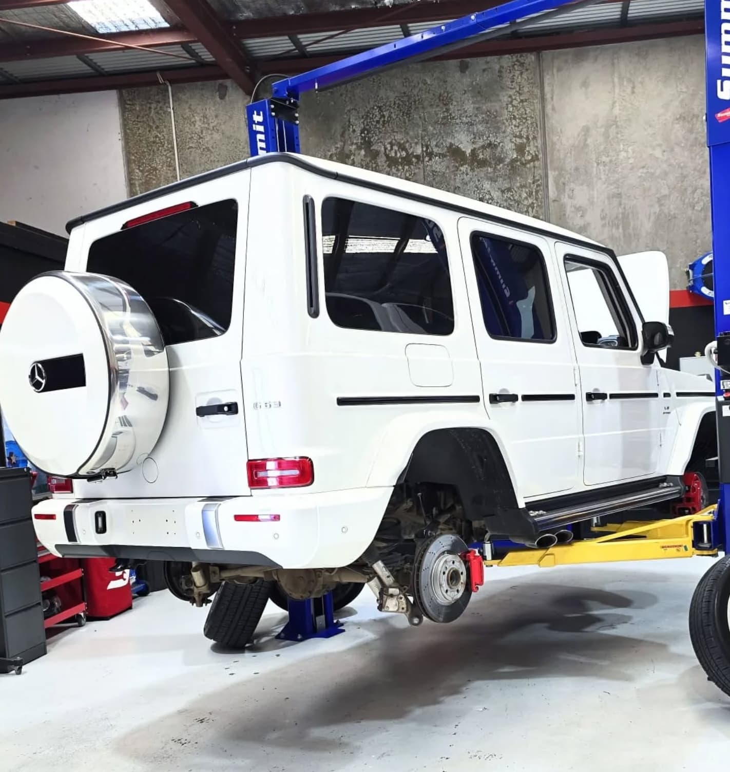 Mercedes-AMG G63 on the hoist being serviced at the ASL Euro workshop in Tullamarine